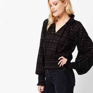 Vacate The Label 100%Cotton Vienna Black Metallic SilverStriped Smocked Blouse S